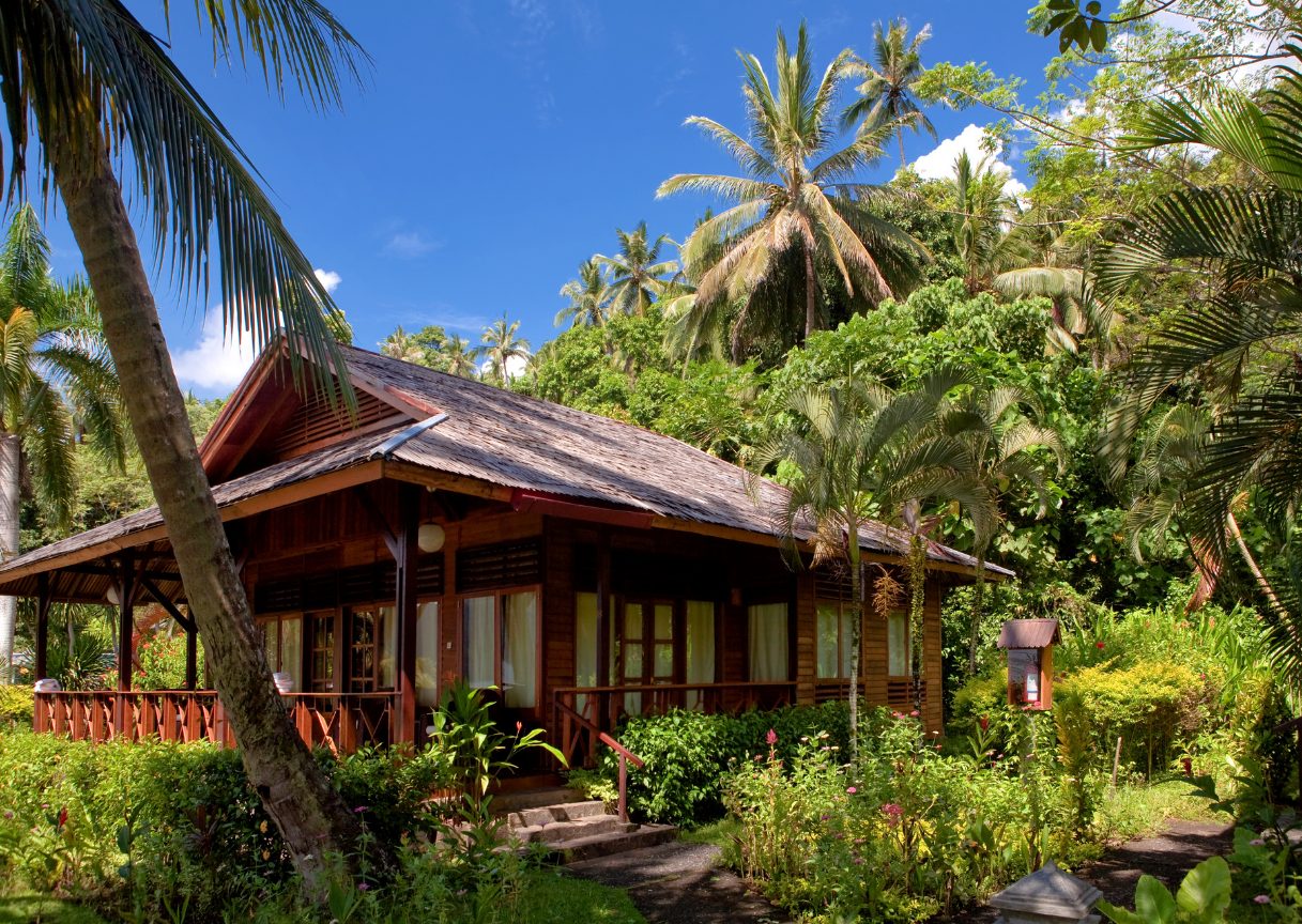 Casa de madera rodeada de palmeras y vegetación tropical