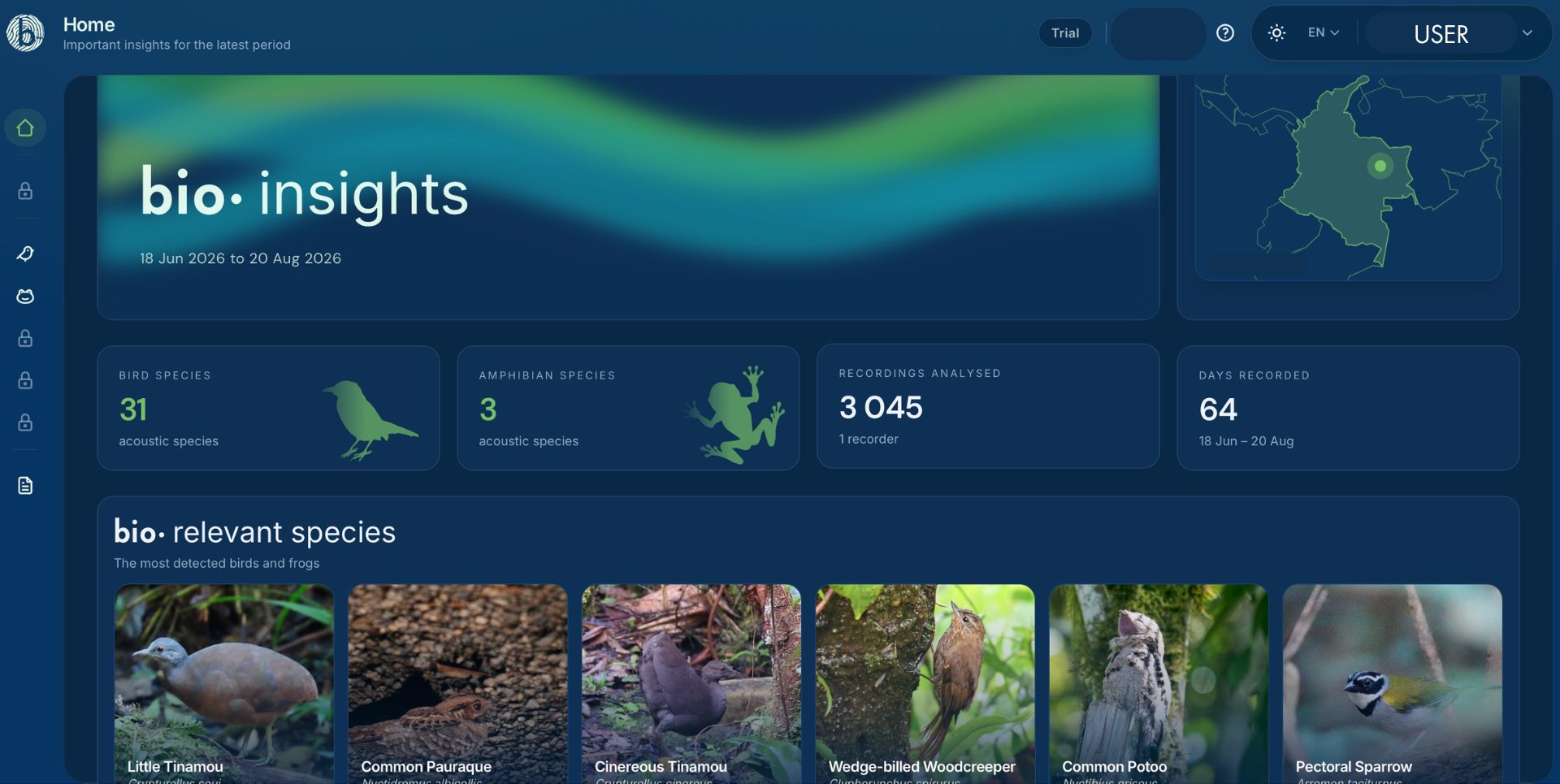 bio·insights dashboard showing the bird and amphibian species detected, recordings analyzed and days recorded